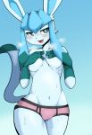  2018 anthro blue_eyes blue_fur blush breasts camel_toe cheek_tuft clothed clothing covering covering_breasts covering_self eeveelution female front_view fur glaceon gloves_(marking) gradient_background markings navel nintendo open_mouth panties partially_clothed pok&eacute;mon pok&eacute;mon_(species) portrait san_ruishin simple_background solo standing sweat thick_thighs three-quarter_portrait topless tuft under_boob underwear video_games 