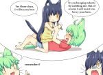  ahoge animal_ear_fluff animal_ears ass_grab bangs bare_arms bare_shoulders barefoot blue_hair blue_shorts blush brown_eyes closed_eyes closed_mouth collarbone dress english eyebrows_visible_through_hair green_hair greenteaneko greenteaneko-chan groping hair_between_eyes hair_over_one_eye highres holding holding_pencil long_hair multiple_girls nose_blush original pencil red_shirt shirt short_shorts short_sleeves shorts sleeveless sleeveless_dress soles sweat tail very_long_hair wavy_mouth yellow_dress younger 