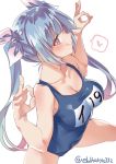  blue_hair blue_swimsuit blush bow breasts closed_mouth commentary_request ebifurya eyebrows_visible_through_hair hair_bow highres i-19_(kantai_collection) kantai_collection large_breasts long_hair looking_at_viewer multicolored_hair ok_sign one-piece_swimsuit pink_bow pink_hair red_eyes school_swimsuit simple_background smile solo swimsuit white_background 