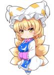  blonde_hair blush breasts chibi clothing_request commentary_request dress eyebrows_visible_through_hair fox_tail frilled_shirt_collar frilled_sleeves frills hands_in_opposite_sleeves hands_together hat large_breasts legs_together long_sleeves multiple_tails open_mouth pillow_hat short_hair simple_background sleeves_past_wrists socks solo standing tabard tail tassel touhou tsurime white_background white_dress white_legwear wide_sleeves wildcat_(kusonemi) yakumo_ran yellow_eyes 
