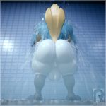  2018 3d_(artwork) anthro avian balls big_balls big_butt bird blue_feathers breath_of_the_wild butt butt_focus clothed clothing digital_media_(artwork) feathers kass_(zelda) male nintendo reyriders rito shower solo standing steam tail_feathers the_legend_of_zelda thick_thighs topless video_games water wet 
