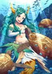  :d air_bubble alsea aqua_eyes aqua_hair bare_shoulders breasts bubble fantasy gloves hestia_(sdorica_-sunset-) horns long_hair md5_mismatch medium_breasts mermaid monster_girl navel open_mouth school_of_fish sdorica_-sunset- smile sunlight turtle underwater very_long_hair white_gloves 