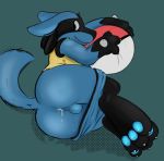  anthro anus backsack ball balls black_fur blue_fur blue_pawpads butt claws clothing cum cum_in_ass cum_inside dripping exposed fur knox_(artist) looking_back lucario male nintendo pawpads pinup pok&eacute;mon pok&eacute;mon_(species) pose raised_tail shorts smile solo spikes toe_claws video_games yellow_fur 