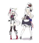  2girls :3 animal_ears armpits azur_lane black_legwear boots bow breasts cat_ears chocolate cleavage commentary corset cosplay costume_switch cup eyebrows_visible_through_hair fingerless_gloves full_body gloves hair_bow hair_ribbon hairband hammann_(azur_lane) kaede_(003591163) long_hair looking_at_another maid multiple_girls overflow pantyhose pencil_skirt pitcher pouring ribbon saucer siblings sims_(azur_lane) sisters skirt small_breasts smug standing surprised sweatdrop teacup thighhighs two_side_up very_long_hair white_background white_hair white_legwear 