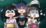  3girls :d alternate_costume black_hair blue_hair blue_swimsuit brown_eyes brown_hair commentary dated eyebrows_visible_through_hair eyewear_removed fang floral_print glasses haguro_(kantai_collection) hair_ornament hamu_koutarou highres hitodama i-19_(kantai_collection) japanese_clothes kantai_collection kimono long_hair long_sleeves multiple_girls name_tag obi one-piece_swimsuit open_mouth pince-nez rectangular_mouth red_eyes roma_(kantai_collection) rope sash scared school_swimsuit shaded_face short_hair smile star star-shaped_pupils swimsuit symbol-shaped_pupils wide_sleeves yukata 