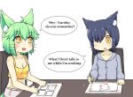  :3 :d ahoge animal_ear_fluff animal_ears bangs bare_arms bare_shoulders blood bloody_tears blue_hair blush breasts brown_eyes camisole cat_ears chain cleavage collarbone crop_top english eraser eyebrows_visible_through_hair green_hair greenteaneko greenteaneko-chan grey_shorts hair_between_eyes hair_over_one_eye highres holding holding_pen hood hood_down hooded_jacket jacket looking_at_another multiple_girls open_mouth original parted_lips pen purple_jacket short_hair shorts sitting small_breasts smile table tail whiskers yellow_camisole 