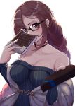  1girl bare_shoulders book braid breasts brown_eyes brown_hair chocolate choker cleavage consort_yu_(fate) covering_face ear_piercing fate/grand_order fate_(series) fifty1202 glasses highres piercing valentine 