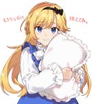  1girl arisaka_ako bestia black_bow blonde_hair blue_dress blue_eyes bow braid closed_mouth commentary_request dress french_braid frilled_dress frilled_pillow frilled_shirt frills hairband long_hair long_sleeves looking_at_viewer pillow pillow_hug shirt sidelocks simple_background smile solo translation_request undershirt upper_body white_background white_shirt 