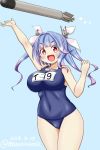  blue_hair breasts covered_navel dated fang hair_ribbon i-19_(kantai_collection) kantai_collection large_breasts long_hair masara_(masalucky2010) name_tag one-piece_swimsuit open_mouth red_eyes ribbon school_swimsuit smile solo star star-shaped_pupils swimsuit symbol-shaped_pupils torpedo tri_tails twitter_username 