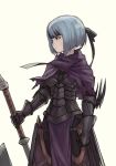 arm_blade armor armored_boots axe berka_(fire_emblem_if) black_eyes boots breasts capelet cowboy_shot fire_emblem fire_emblem_if gauntlets headband pelvic_curtain profile short_hair silver_hair simple_background small_breasts solo weapon white_background yuhkirby 
