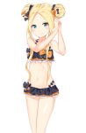  abigail_williams_(fate/grand_order) absurdres arms_up bangs bare_arms bare_shoulders bikini black_bikini black_bow blue_eyes blush bow closed_mouth collarbone commentary_request double_bun emerald_float eyebrows_visible_through_hair fate/grand_order fate_(series) forehead groin hair_bow head_tilt highres long_hair looking_at_viewer navel orange_bow parted_bangs print_bow side_bun sidelocks simple_background smile solo star star_print swimsuit very_long_hair white_background yukaa 