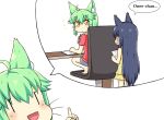 :d ahoge animal_ear_fluff animal_ears bangs bare_arms bare_shoulders blue_hair blue_shorts blush brown_eyes chair closed_mouth dress eyebrows_visible_through_hair green_eyes greenteaneko greenteaneko-chan hair_between_eyes hand_up highres holding holding_pen index_finger_raised long_hair looking_back multiple_girls open_mouth original parted_lips pen red_shirt shirt short_shorts short_sleeves shorts simple_background sleeveless sleeveless_dress smile squatting table very_long_hair whiskers white_background yellow_dress younger |_| 