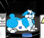  2017 3_toes absurd_res bernard_(womblesfan) blue_ears blue_eyes blue_fur blue_nose blue_tail blue_tongue bulldog canine digital_media_(artwork) digital_painting_(artwork) digitigrade dirtyscoundrel dog english_text feral foodbowl fur hi_res looking_at_viewer male mammal multicolored_fur nude obese overweight quadruped side_view signature simple_background snout solo tattoo text toes tongue tongue_out two_tone_fur warning white_fur year 