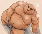 2016 barazoku bear blush bulge clothed clothing eyes_closed flaccid grizzly_bear high_angle humanoid_penis kemono kotobuki male mammal muscular obese oblique_angle overweight partially_clothed penis reclining sitting-quarter_portrait solo steam sweat swimming_trunks swimsuit tongue tongue_out uncut undressing 