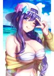  ;q artist_name bare_shoulders bb_(fate)_(all) bb_(swimsuit_mooncancer)_(fate) blue_sky blush braid breasts cloud day fate/grand_order fate_(series) hat large_breasts long_hair looking_at_viewer navel ocean one_eye_closed purple_eyes purple_hair saruei single_braid sky solo star tongue tongue_out upper_body v white_hat 
