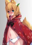  animal_ear_fluff animal_ears blonde_hair blue_eyes blush bow bow_panties cloak commentary_request eyebrows_visible_through_hair fox_ears fox_girl fox_tail gradient gradient_background grey_background haik highres hood hood_down leaf_print naked_cloak navel nose_blush original panties red_cloak short_hair simple_background stomach tail two-tone_background underwear white_background white_panties 