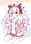  absurdres animal_ears azur_lane bangs bare_shoulders blush bow bunny_ears camisole chestnut_mouth collarbone commentary_request eyebrows_visible_through_hair flying_sweatdrops full_body hair_between_eyes hair_bow hairband hands_up highres jacket ju_(a793391187) laffey_(azur_lane) long_hair long_sleeves looking_at_viewer no_shoes off_shoulder open_clothes open_jacket parted_lips pink_jacket pleated_skirt red_bow red_eyes red_hairband red_skirt silver_hair sitting skirt sleeves_past_fingers sleeves_past_wrists solo strap_slip thighhighs twintails very_long_hair wariza white_background white_camisole white_legwear 