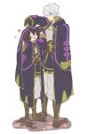  1girl ^_^ ^o^ blush_stickers boots brown_hair closed_eyes coat commentary_request fantasy father_and_daughter fire_emblem fire_emblem:_kakusei full_body gloves gold_trim highres itou_(very_ito) leather leather_gloves long_sleeves looking_at_another male_my_unit_(fire_emblem:_kakusei) mark_(female)_(fire_emblem) mark_(fire_emblem) my_unit_(fire_emblem:_kakusei) open_mouth pants shared_clothes shared_coat shirt short_hair silver_hair simple_background sketch smile standing under_clothes white_background 