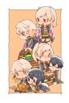  3girls all_fours black_eyes black_hair book boots chibi cloak closed_eyes commentary_request dark_persona fantasy father_and_daughter female_my_unit_(fire_emblem:_kakusei) fire fire_emblem fire_emblem:_kakusei fire_emblem_heroes gimurei gloves gold_trim highres leather leather_gloves male_my_unit_(fire_emblem:_kakusei) mark_(female)_(fire_emblem) mark_(fire_emblem) mark_(male)_(fire_emblem) mother_and_son multiple_boys multiple_girls multiple_persona my_unit_(fire_emblem:_kakusei) open_mouth orange_background orange_eyes pants purple_fire red_eyes robe scroll short_hair shunrai simple_background sitting_on_books smile twintails two-tone_background white_background white_hair 
