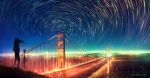  bridge camera city_lights facing_away floating_hair from_behind golden_gate_bridge hands_in_pockets long_hair motion_blur night night_sky original outdoors photo-referenced river san_francisco sky solo standing star star_(sky) star_trail starry_sky tripod water wenqing_yan wind 