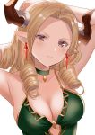  armpits arms_behind_head arms_up bangs bare_shoulders blush breasts brown_eyes choker cleavage closed_mouth collarbone commentary draph dress drill_hair earrings eyebrows_visible_through_hair forehead granblue_fantasy green_choker green_dress head_tilt highres horns jewelry light_brown_hair long_hair looking_at_viewer medium_breasts myusha parted_bangs pointy_ears sleeveless sleeveless_dress solo teresa_(granblue_fantasy) 