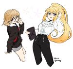  302 atra_mixta bag bespectacled blonde_hair brown_hair dated from_side glasses gundam gundam_tekketsu_no_orphans handbag high_ponytail highres kudelia_aina_bernstein long_hair multiple_girls purple_eyes red_eyes sidelocks twitter_username very_long_hair 