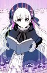  :o blush book capelet commentary_request dress eyebrows_visible_through_hair fate/extra fate_(series) fur_trim gloves hat hat_ribbon highres holding long_hair long_sleeves looking_at_viewer neck_ribbon nursery_rhyme_(fate/extra) nyokichi_(nyokitto!) open_book parted_lips purple_dress purple_hat ribbon sitting solo very_long_hair 