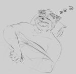  2018 anthro bed canine derbikerks male mammal moobs open_mouth pillow sleeping solo sound_effects tanuki zzz 