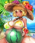  :o aki_minoriko ball bare_shoulders beach beachball bikini blonde_hair blurry breast_rest breasts commentary_request corsage day depth_of_field flower food food_themed_clothes frilled_bikini frills fruit grapes hat hibiscus highres huge_breasts leaf_print neck_ribbon ocean open_mouth palm_tree red_eyes ribbon shiny shiny_skin short_hair side-tie_bikini sitting solo straw_hat string_bikini summer sun_hat swimsuit touhou tree umigarasu_(kitsune1963) wet 
