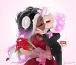  artist_name ava-riel blush bouquet buttons cleavage_cutout closed_eyes commentary crossdressing dark_skin domino_mask dress english_commentary face-to-face facing_another flower formal hand_on_another's_cheek hand_on_another's_face heart heart-shaped_buttons hime_(splatoon) holding holding_bouquet iida_(splatoon) kiss long_sleeves mask multiple_girls pinstripe_suit red_dress red_flower red_rose rose sleeveless sleeveless_dress smile sparkle splatoon_(series) splatoon_2 striped suit tentacle_hair tuxedo valentine yuri 