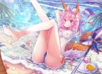  absurdres animal_ear_fluff animal_ears arms_behind_back beach_umbrella bikini bikini_under_clothes blue_bikini breasts commentary_request day fate/grand_order fate_(series) fox_ears fox_tail highres huge_filesize innertube large_breasts nipples ocean outdoors palm_tree palms parasol pink_hair see-through shirt side-tie_bikini solo swimsuit tail tamamo_(fate)_(all) tamamo_no_mae_(swimsuit_lancer)_(fate) towel tree umbrella wet wet_clothes wet_shirt wet_t-shirt yazuishou_ray yellow_eyes 