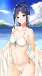  absurdres bangs bikini blue_hair blue_sky blurry blurry_background breasts brown_eyes cleavage cloud collarbone cowboy_shot cyan_328 day front-tie_bikini front-tie_top highres long_hair looking_at_viewer love_live! love_live!_sunshine!! matsuura_kanan medium_breasts ocean parted_bangs ponytail shiny shiny_hair side-tie_bikini sidelocks sky smile solo standing swimsuit transparent white_bikini 
