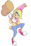  2018 alpha_channel anthro blue_eyes bonkers_(vimhomeless) clothing ear_piercing female flat_chested gloves hair hammer hi_res jeans lagomorph mammal multicolored_hair navel pants piercing rabbit rainbow_hair red_shoes shirt simple_background sneakers solo tank_top tools transparent_background vimhomeless 