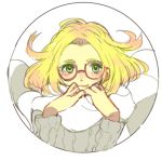  bel_(pokemon) blonde_hair blush canari commentary_request glasses green_eyes grey_sweater hands_up looking_at_viewer lowres medium_hair pokemon pokemon_(game) pokemon_bw2 red-framed_eyewear ribbed_sweater scarf sketch smile solo sweater upper_body white_background white_scarf 