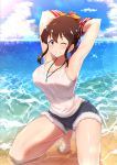  absurdres armpits bare_legs bare_shoulders barefoot beach blue_eyes brown_hair cloud commentary_request day denim denim_shorts grin hair_ribbon highres idolmaster idolmaster_million_live! jewelry kneeling looking_at_viewer necklace ocean one_eye_closed ponytail ribbon satake_minako shorts sidelocks sky smile solo tank_top water wattsu wet wet_clothes white_tank_top 