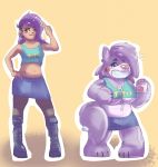  2018 animate_inanimate anthro big_breasts blue_eyes breast_expansion breasts canine clothed clothing female hair human human_to_anthro human_to_inanimate looking_at_viewer mammal navel plushie purple_hair reddishmaroon sequence short_stack shrinking simple_background solo standing surprise transformation under_boob wide_hips wolf yellow_background 
