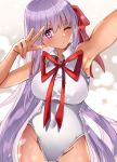 bb_(fate)_(all) bb_(swimsuit_mooncancer)_(fate) blush bow bowtie breasts earrings fate/grand_order fate_(series) fingernails hair_ribbon jewelry large_breasts leotard long_hair looking_at_viewer maco_spl one_eye_closed purple_eyes purple_hair reaching ribbon smile solo tan v very_long_hair 