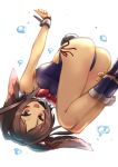  animal_ears ass azur_lane bare_shoulders brown_eyes brown_hair bubble bunny_ears bunny_tail commentary_request dark_skin detached_collar highres i-26_(azur_lane) knees_up kurono_tokage legs one-piece_swimsuit open_mouth sailor_collar short_hair smile solo strapless strapless_swimsuit swimsuit tail upside-down 