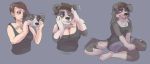  2018 anthro breasts brown_hair canine clothed clothing dog drooling ear_piercing female grey_background hair human human_to_anthro mammal mask open_mouth piercing reddishmaroon saliva shirt short_hair simple_background sitting solo tank_top tattoo transformation 