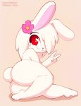 2018 3_toes 4_fingers albino anthro big_butt biped black_nose butt butt_focus carrots_(jr_starman) digital_drawing_(artwork) digital_media_(artwork) eyelashes female floppy_ears flower flower_in_hair fur hair hair_over_eye hi_res humanoid_hands lagomorph light_theme looking_aside looking_away lying mammal nude on_side pinup plant plantigrade pose rabbit red_eyes shadow short_tail simple_background smile solo tan_background toes toony url v_sign white_fur white_hair white_tail whygena 