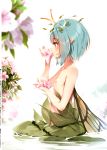  absurdres antenna_hair bangs blue_hair blurry blurry_foreground blush breasts brown_eyes butterfly_wings collarbone eternity_larva eyebrows_visible_through_hair flat_chest flower from_side hand_up highres holding holding_flower huge_filesize ke-ta leaf leaf_on_head lily_pad mouth_hold nipples nude outdoors pink_flower pointy_ears profile scan short_hair solo standing touhou translated upper_body wading water white_background wings 