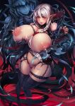  areolae black_legwear blush bondage_outfit breast_grab breasts chain dungeon_and_fighter elf grabbing highres huge_breasts l_axe lactation large_areolae multiple_girls nipples pointy_ears puffy_nipples red_eyes silver_hair thighhighs weapon yuri 