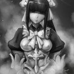  bangs blood blood_on_face breasts cross darren_geers greyscale half-closed_eyes head_tilt highres long_hair looking_at_viewer maid maid_headdress medium_breasts monochrome narberal_gamma overlord_(maruyama) puffy_sleeves solo 