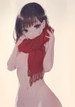  beige_background black_hair breasts eyebrows_visible_through_hair gin_(oyoyo) grey_eyes groin looking_at_viewer mole mole_under_mouth naked_scarf navel original red_scarf scarf simple_background solo 