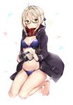  ahoge artoria_pendragon_(all) barefoot bikini black-framed_eyewear black_coat black_ribbon blue_bikini braid breasts cleavage coat collarbone eyebrows_visible_through_hair fate/grand_order fate_(series) full_body glasses groin hair_between_eyes hair_ribbon highres holding kneeling kuran_(yourcatissick) looking_at_viewer mysterious_heroine_x_(alter) navel open_clothes open_coat parted_lips red_scarf ribbon scarf semi-rimless_eyewear shiny shiny_clothes sidelocks silver_hair simple_background small_breasts solo swimsuit tied_hair under-rim_eyewear white_background yellow_eyes 