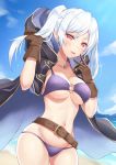 :p absurdres arm_up belt bikini blue_sky blush braid breasts brown_gloves cleavage cloak cloud collarbone commentary_request contrapposto cowboy_shot day eyebrows_visible_through_hair female_my_unit_(fire_emblem:_kakusei) fire_emblem fire_emblem:_kakusei fire_emblem_heroes french_braid gimurei gloves hand_in_hair highres hood hooded_cloak jewelry long_hair looking_at_viewer medium_breasts my_unit_(fire_emblem:_kakusei) navel necklace o-ring o-ring_bikini o-ring_top ocean outdoors pendant purple_bikini red_eyes shiny shiny_hair shiyo_yoyoyo sky smile solo sweat swimsuit thighs tongue tongue_out twintails underboob v white_hair 