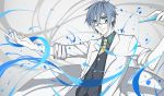  aqua_eyes blue_hair genius_(module) glasses hand_up highres kaito kazenemuri labcoat looking_at_viewer male_focus necktie outstretched_arm project_diva_(series) science smile solo test_tube upper_body vocaloid waistcoat yellow_neckwear 