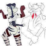  asuri_(brawlhalla) bovine brawlhalla butt_pose cattle chest_wraps clothing feline female fishnet hi_res legwear lynx mammal panwhisky teros_(brawlhalla) thigh_highs thong wraps 