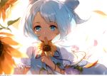  absurdres blue_bow blue_dress blue_eyes blue_hair bow cirno dress eyebrows_visible_through_hair flower hair_bow highres holding holding_flower huge_filesize ke-ta leaf looking_at_viewer mouth_hold neck_ribbon petals pinafore_dress pink_flower puffy_short_sleeves puffy_sleeves red_neckwear red_ribbon ribbon scan shirt short_hair short_sleeves simple_background solo sunflower tan tanned_cirno touhou translated upper_body white_background white_shirt 