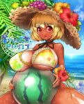  :o aki_minoriko ball bare_shoulders beach beachball bikini blonde_hair blurry breast_rest breasts commentary_request corsage day depth_of_field flower food food_themed_clothes frilled_bikini frills fruit grapes hat hibiscus highres huge_breasts leaf_print neck_ribbon ocean open_mouth palm_tree red_eyes ribbon shiny shiny_skin short_hair side-tie_bikini sitting solo straw_hat string_bikini summer sun_hat swimsuit tan tanline touhou tree umigarasu_(kitsune1963) wet 
